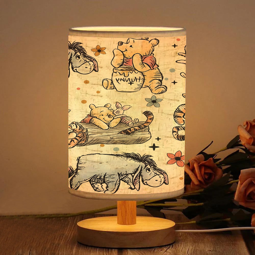 Disney Winnie the Pooh Cartoon Wooden Base Table Lamp with Linen Shade, USB Powered, Suitable for Bedroom and Living Room Decor, Perfect Gift for Family and Friends