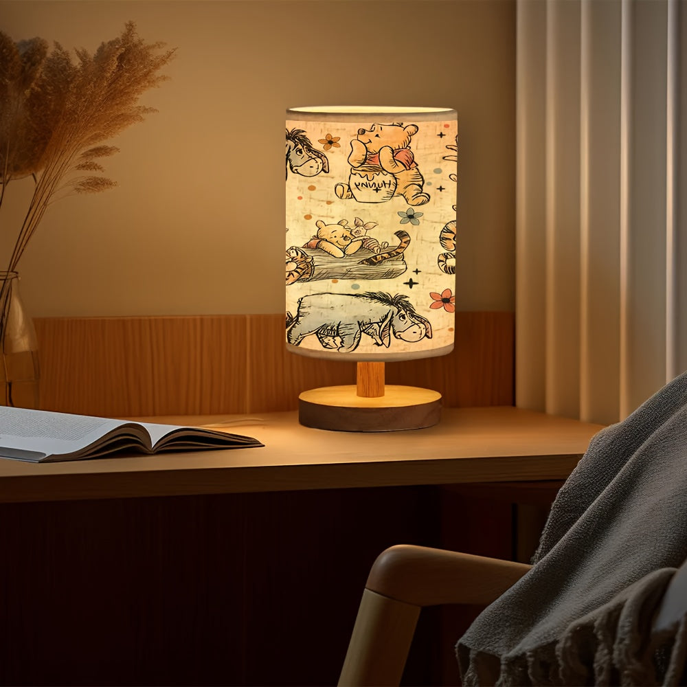 Disney Winnie the Pooh Cartoon Wooden Base Table Lamp with Linen Shade, USB Powered, Suitable for Bedroom and Living Room Decor, Perfect Gift for Family and Friends