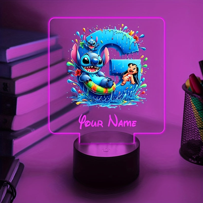 A Personalized Acrylic Night Light Featuring a Cartoon Design of Disney'S Stitch And Lilo with 26 Letters, Customizable with a Name, Color-Changing LED Table Lamp for The Bedroom, Powered by USB Or Batteries, Includes a USB Cable (Batteries Not Included),